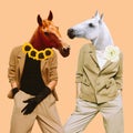 Minimal Contemporary collage art. Stylish horses. Vintage concept
