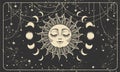 Aesthetic boho banner with sun face, moon phases and stars pattern. Magic print for astrology and tarot, bohemian design Royalty Free Stock Photo