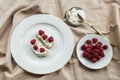 aesthetic breakfast, cream cheese and raspberries