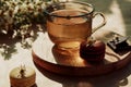 Aesthetic brunch of tea time, herbal tea and macarons dessert outside in the terrace under trendy hard shadows. Sweet