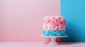 Aesthetic cake for baby shower party on split pink and blue background. Gender reveal invitation template. Generative AI Royalty Free Stock Photo