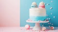 Aesthetic cake for baby shower party on split pink and blue background. Gender reveal invitation template. Generative AI Royalty Free Stock Photo