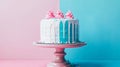 Aesthetic cake for baby shower party on split pink and blue background. Gender reveal invitation template. Generative AI Royalty Free Stock Photo