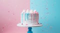 Aesthetic cake for baby shower party on split pink and blue background. Gender reveal invitation template. Generative AI Royalty Free Stock Photo