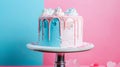 Aesthetic cake for baby shower party on split pink and blue background. Gender reveal invitation template. Generative AI Royalty Free Stock Photo