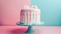 Aesthetic cake for baby shower party on split pink and blue background. Gender reveal invitation template. Generative AI Royalty Free Stock Photo