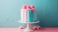 Aesthetic cake for baby shower party on split pink and blue background. Gender reveal invitation template. Generative AI Royalty Free Stock Photo