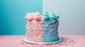 Aesthetic cake for baby shower party on split pink and blue background. Gender reveal invitation template. Generative AI Royalty Free Stock Photo