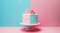 Aesthetic cake for baby shower party on split pink and blue background. Gender reveal invitation template. Generative AI Royalty Free Stock Photo