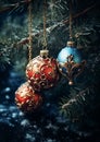 Aesthetic red and blue Christmas balls hanging in a pine tree Royalty Free Stock Photo