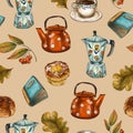 Aesthetic Coffee Break Seamless Pattern, Scandinavian Fika Tea Time, Vintage Illustration Royalty Free Stock Photo