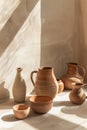 Aesthetic composition of craft hand-made clay products such as vases, jugs, cups in assortments under the sunny Royalty Free Stock Photo