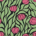 Aesthetic contemporary printable seamless pattern with tulips. Modern floral background for textile, fabric, wallpaper, wrapping,