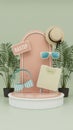 Aesthetic 3d render of summer accessories presented on a stylish decorative podium Royalty Free Stock Photo