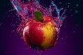 Aesthetic Effect of Apple Fruit Splashing Underwater in Pink and Purple Neon Lighting