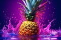 Aesthetic Effect of Fresh Pineapple Fruit Splashing Floating in Water with Pink Purple Neon Lighting