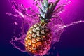 Aesthetic Effect of Pineapple Fruit Splashing Underwater in Pink and Purple Neon Lighting