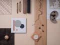 Aesthetic flat lay composition with textile and paint samples, handle, panels and cement tiles. Stylish interior designer Royalty Free Stock Photo