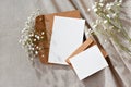 Aesthetic floral business brand template, blank paper cards and envelopes on neutral beige background, mockup with copy space Royalty Free Stock Photo