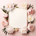 Aesthetic frame mockup decorated with tender light peonies. Invitation or greeting concept Layout. Generative AI