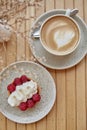 Aesthetic french tart and cup of cappuccino flat lay. Atmospheric breakfast.