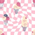 Aesthetic fruit ice cream seamless pattern in 1960 retro style. Checkered vintage print for fabric, paper, T-shirt. Hand drawn