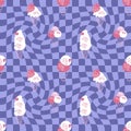 Aesthetic fruit ice cream seamless pattern in 1960 retro style. Checkered vintage print for fabric, paper, T-shirt. Hand drawn