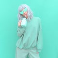 Aesthetic girl in stylish accessories sunglasses and fresh Smoothie. Mint monochrome colours design