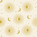 Aesthetic illustrations seamless pattern with celestial moon phases. Sun rays and stars Royalty Free Stock Photo