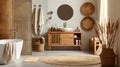 Aesthetic interior design features wabi-sabi elements in a bathroom with brown and white tones, incorporating solid oak