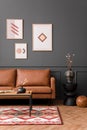 Aesthetic interior of living room with mock up poster frame, brown sofa, wooden coffee table, black lamp, patterned rug, gray wall Royalty Free Stock Photo