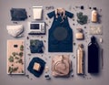 Aesthetic kitchen flat lay, grey background, modern, poster, AI Generation