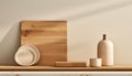 Aesthetic kitchen table with eco wooden cutting boards and vase, ceramic bowls for modern cooking background