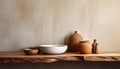 Aesthetic kitchen wooden shelf with eco wooden cutting boards and bowls for modern cooking background