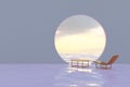 Aesthetic minimal 3D rendering of a chill place with a beach bench and a table on liquid surface Royalty Free Stock Photo