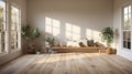 Aesthetic minimalist composition of japandi living room interior. Long wooden bench, decorative vases, exotic plants in