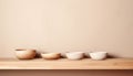 Aesthetic minimalist kitchen shelf with ceramic bowls for modern cooking conceptual background