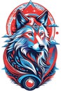 Aesthetic-modern t-shirt print of a blue wolf, charming, in psychedelic graphic design, mysterious, white background, animal art