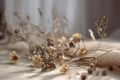 Aesthetic product background with fabric and dried flowers.