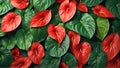 Aesthetic red Anthurium plant background. Close-up of beautiful red and green tropical foliage. AI-Generated Royalty Free Stock Photo