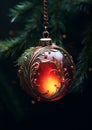 Aesthetic red Christmas ball hanging in a pine tree Royalty Free Stock Photo
