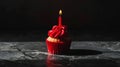 Aesthetic red cupcake with candle, dark background, copy space. Celebration anniversary concept. Generative AI Royalty Free Stock Photo