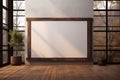 Aesthetic render Mockup featuring a large wooden frame, illuminated setting Royalty Free Stock Photo