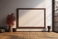 Aesthetic render Mockup featuring a large wooden frame, illuminated setting Royalty Free Stock Photo