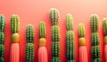 Aesthetic Row of Colorful Cacti Against a Vibrant Coral Background in Modern Art Style Displaying Minimalist Plant Arrangement