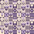 Aesthetic seamless pattern with tulip flowers and owls. Geometric retro print for tee, paper, textile and fabric. Floral