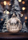 Aesthetic silver Christmas balls hanging in a pine tree Royalty Free Stock Photo