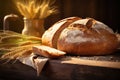 Aesthetic still life of freshly baked bread on wooden table with wheat, warm and inviting ambiance Royalty Free Stock Photo