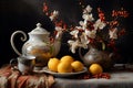 Aesthetic Stilllife flowers tea. Generate Ai Royalty Free Stock Photo