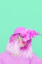 Aesthetic summer fashion girl with flowers in trendy bucket hat. Trendy Pastel colours monochrome design. ideal for bloggers,